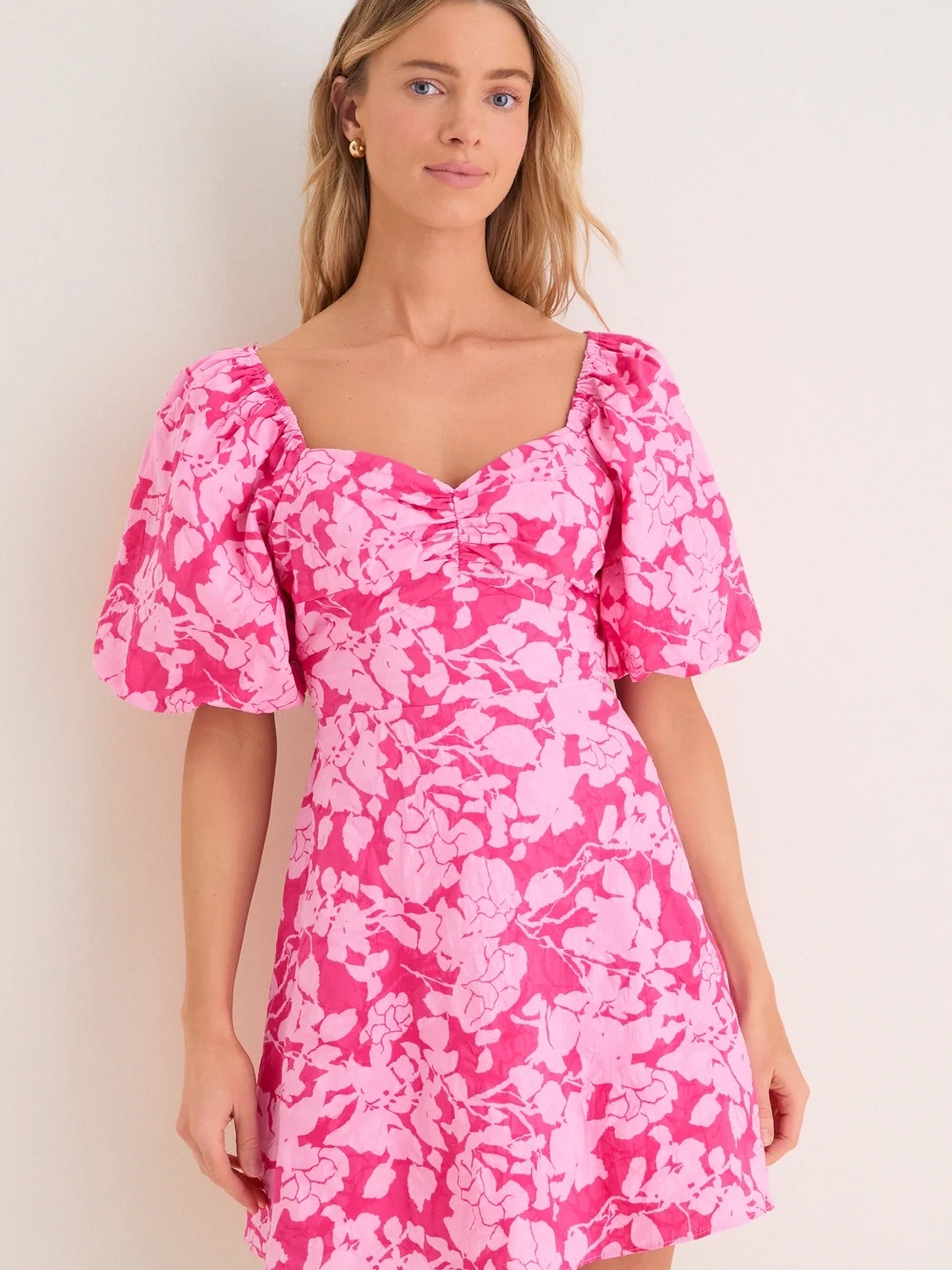 Tuckernuck Hyacinth House Pink Floral Puff-Sleeve Mini Dress with Tie Back